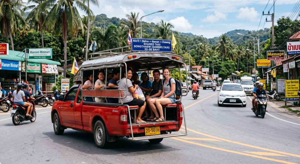 Ein rotes thailändisches Songthaew-Sammeltaxi, das auf einer belebten, palmengesäumten Hauptstraße auf Koh Samui fährt. Die offene Ladefläche ist mit Touristen und Einheimischen besetzt, die auf zwei Bänken sitzen und lächeln. Ein Schild auf dem Dach zeigt "ROUTE 1 (Nathon Maenam Chaweng)", "SHARED TAXI", "SONGTHAEW (SAMMELTAXI)" und "20-50 BAHT". Motorroller, Autos, Geschäfte und Restaurants säumen die Straße, mit bewaldeten Hügeln im Hintergrund unter bewölktem Himmel.