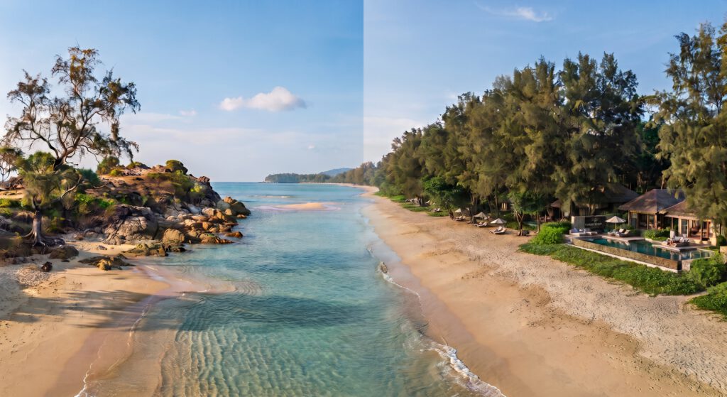 Ein panoramisches Foto auf Augenhöhe der thailändischen Küste bei Khao Lak, das die Küstenlinie entlang blickt. Die Szene ist visuell in zwei Hälften geteilt: Links ragt eine markante, felsige Landzunge mit einem charakteristischen, knorrigen Kasuarinenbaum ins flache, türkisfarbene Wasser. Rechts erstreckt sich ein langer, goldener Sandstrand, gesäumt von einem dichten, hohen Wald. Am Waldrand liegt ein exklusives Luxusresort mit einem langen Infinity-Pool, privaten Villen mit traditionellen Dächern, Terrassen und ordentlich arrangierten Sonnenliegen unter dem Laubdach. Die gesamte Szene ist in warmes, goldenes Spätnachmittagslicht getaucht, was die Ruhe und Abgeschiedenheit der Lage unterstreicht.