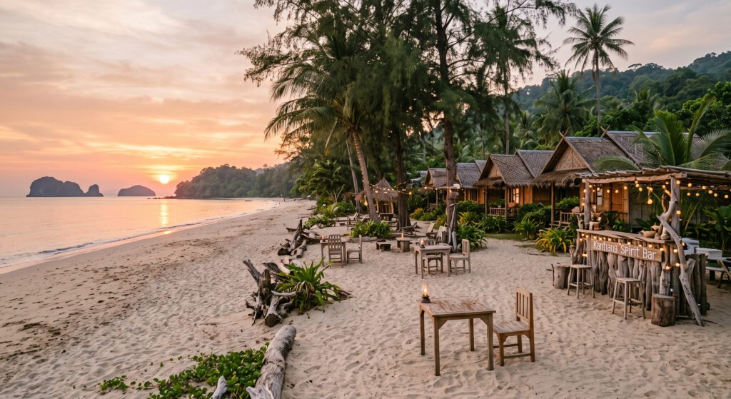 Ein stimmungsvolles Foto eines tropischen Strandes bei Sonnenuntergang in Koh Lanta, Thailand. Rechts stehen rustikale Strandbungalows im Thai-Stil mit Reetdächern, eingebettet in Palmen und üppige Vegetation. Davor befindet sich die gemütlich beleuchtete "Kantiang Spirit Bar", die mit Lichterketten geschmückt ist. Einige einfache Holztische und Stühle stehen auf dem Sand, einer mit einer brennenden Öllampe. Links geht die Sonne ruhig über der Andamanensee in Thailand unter, die einen goldenen Glanz auf das Wasser und die markanten Karstfelsen-Inseln am Horizont wirft.