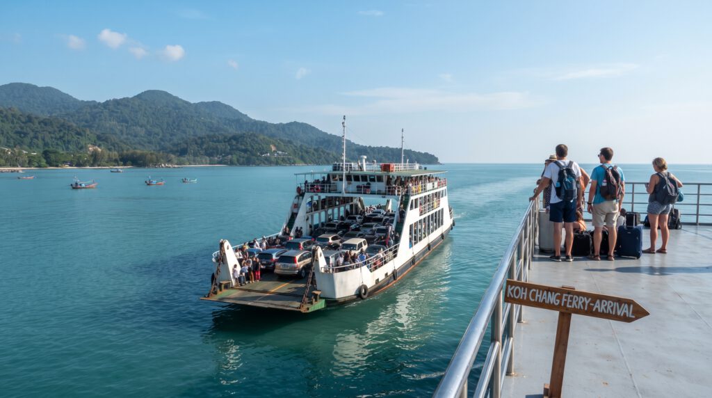 Eine Autofähre auf dem Weg nach Koh Chang, Thailand. Die Aufnahme zeigt das Fährschiff auf ruhigem Wasser mit Blick auf die grüne Küste der Insel – ideal für deine Anreiseplanung.