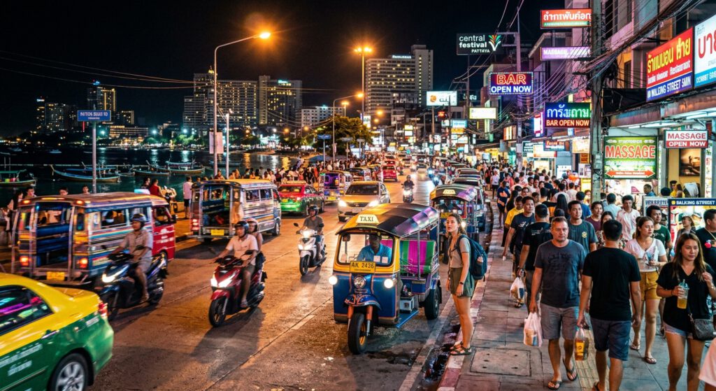 Pattaya Beach Road bei Nacht: Beleuchtete Straßen, Baht-Busse, Passanten und Neonreklamen im Zentrum von Central Pattaya.