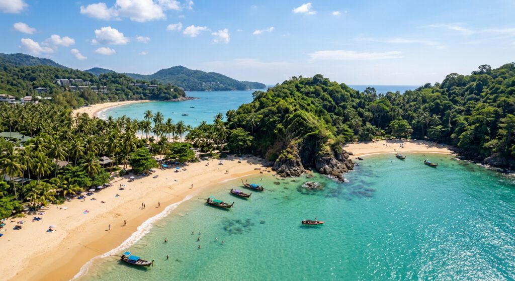 Luftaufnahme vom feinen Palmenstrand Surin Beach und der versteckten Dschungel-Bucht Laem Singh auf Phuket für exklusive Thailand Reiseangebote.