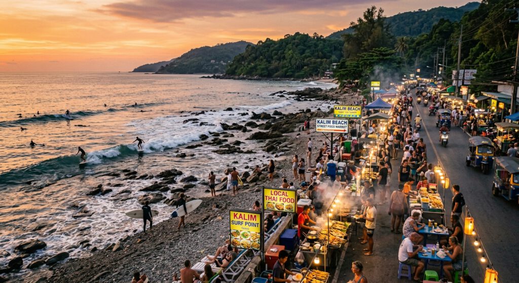 Felsiger Kalim Beach auf Phuket bei Sonnenuntergang mit Surfern im Meer und lebhafter Streetfood-Garküchenmeile für den perfekten Urlaub in Thailand.