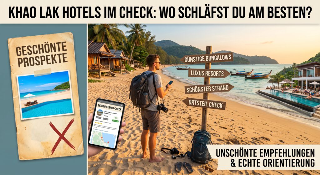 Eine Collage-Grafik für eine Website-Header, die geschönte Hotelprospekte mit ehrlichen Bewertungen vergleicht. Links ist eine durchgestrichene Hotelbroschüre mit dem Text „Geschönte Prospekte“ zu sehen. Rechts steht ein Reisender mit Rucksack auf einem Strand in Khao Lak bei Sonnenuntergang und betrachtet ein Tablet mit Bewertungen („ECHTER STRAND-CHECK“) und einen Wegweiser zu verschiedenen Unterkünften wie „Günstige Bungalows“ und „Luxus Resorts“. Der Titel „KHAO LAK HOTELS IM CHECK: WO SCHLÄFST DU AM BESTEN?“ und ein unterer Banner unterstreichen das Ziel, ehrliche Empfehlungen für Khao Lak Hotels zu geben.