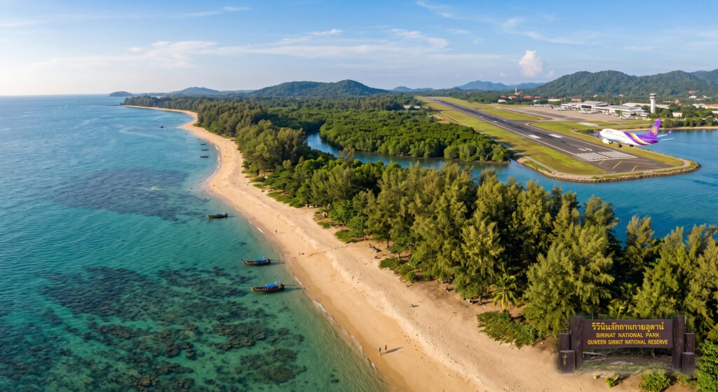 Luftaufnahme des Sirinat Nationalparks auf Phuket, Thailand. Ein unberührter Sandstrand mit türkisfarbenem Wasser und verankerten traditionellen Longtail-Booten grenzt an einen dichten Kasuarinenwald. Auf der rechten Seite grenzt der internationale Flughafen Phuket direkt an eine Mangrovenbucht. Ein Thai Airways Passagierflugzeug befindet sich im niedrigen Endanflug kurz vor der Landung auf der Landebahn, die parallel zur Küste verläuft. Ein hölzernes Schild mit der Aufschrift "SIRINAT NATIONAL PARK" und "QUWEEN SIRIKIT NATIONAL RESERVE" ist im Vordergrund rechts zu sehen. Im Hintergrund bewaldete Hügel unter klarem, sonnigem Himmel.