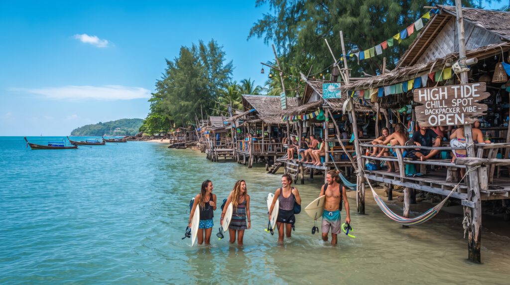 Tagesfoto des Klong Khong Beach auf Koh Lanta, Thailand. Vier junge Reisende mit Surfbrettern waten durch das flache Wasser an der Küste. Rechts ist eine rustikale Strandbar aus Holz und Bambus mit bunten Wimpeln und gemütlichen Chill-Bereichen zu sehen, die den alternativen Backpacker-Vibe der Unterkünfte und Hotels Koh Lanta in dieser Region widerspiegelt.