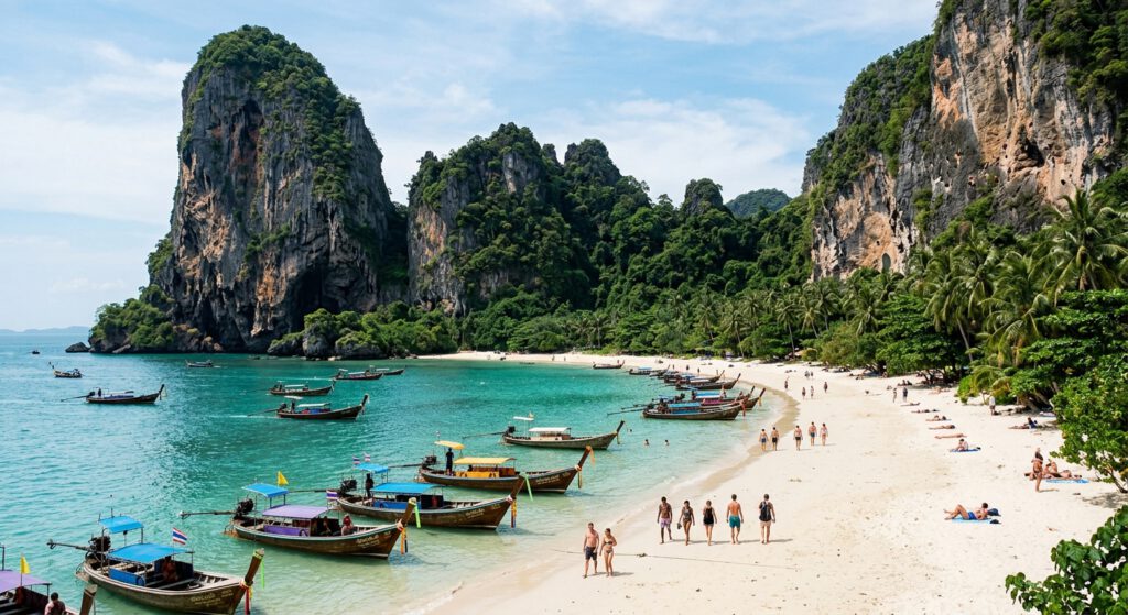 Traumhafter Railay Beach in Krabi mit feinem Sandstrand, türkisblauem Meer, Longtail-Booten und imposanten Kalksteinfelsen.
