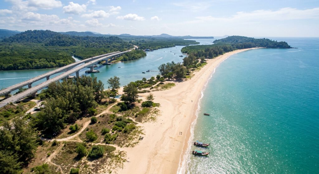 Luftaufnahme vom Sai Kaew Beach im Norden von Phuket an der Sarasin-Brücke für eine ruhige Thailandreise abseits der Massen.