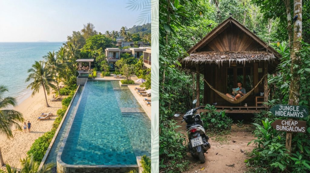 Zweiteiliges Foto der Unterkünfte auf Koh Lanta, Thailand. Links ein modernes Strand-Resort mit Infinity-Pool am Meer, rechts ein gemütlicher Dschungel-Bungalow mit Roller im Grünen – der ideale Ausgangspunkt nach entspannten Flügen nach Thailand.