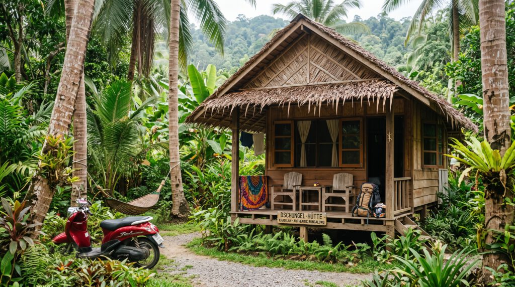 Eine rustikale, freistehende Dschungelhütte aus Holz auf Stelzen in Khao Lak, umgeben von dichtem, tropischem Regenwald und Palmen. Vor dem gemütlichen Garten-Bungalow mit traditionellem Strohdach parkt ein roter Motorroller auf einem Schotterweg. Auf der kleinen Veranda lehnt ein Trekking-Rucksack, und zwischen den Bäumen hängt eine entspannende Hängematte, was das authentische Flair für Individualreisende unterstreicht.