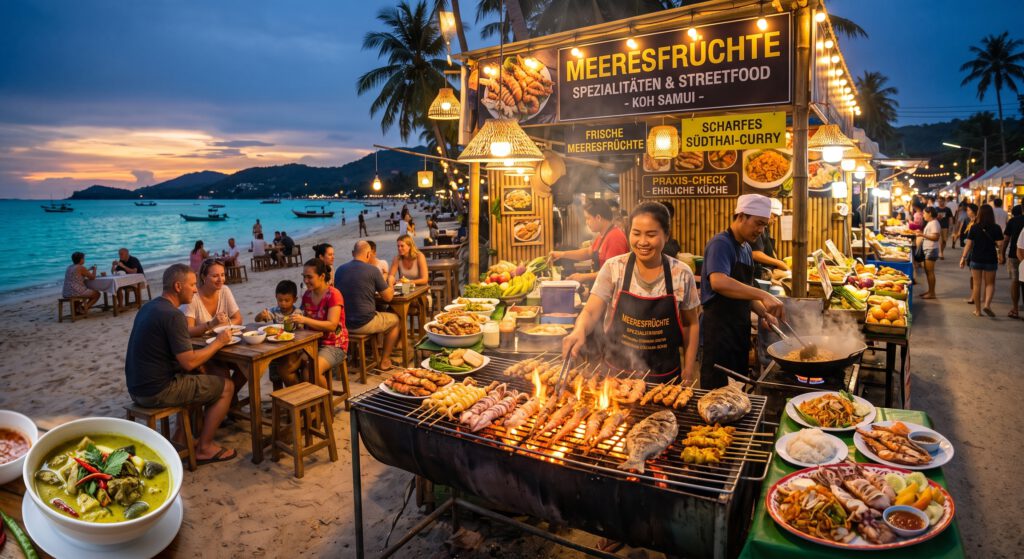 Ein belebter Meeresfrüchte-Straßenimbiss am Strand von Koh Samui, Thailand, bei Sonnenuntergang. Im Vordergrund grillen Verkäufer Spieße mit Meeresfrüchten, während Gäste an Holztischen auf dem Sand sitzen und essen, mit traditionellen Longtail-Booten auf dem türkisfarbenen Wasser im Hintergrund unter einem farbenfrohen Himmel.