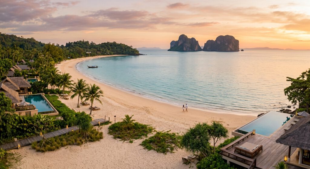 Luxus-Resort am Tubkaak Beach in Krabi mit Privatstrand, Infinity-Pool und Blick auf die vorgelagerten Hong-Inseln im Sonnenuntergang.