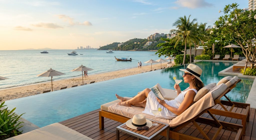 Infinity-Pool eines Luxus-Resorts am Wongamat Beach in Naklua mit Blick auf das ruhige Meer und den Privatstrand.