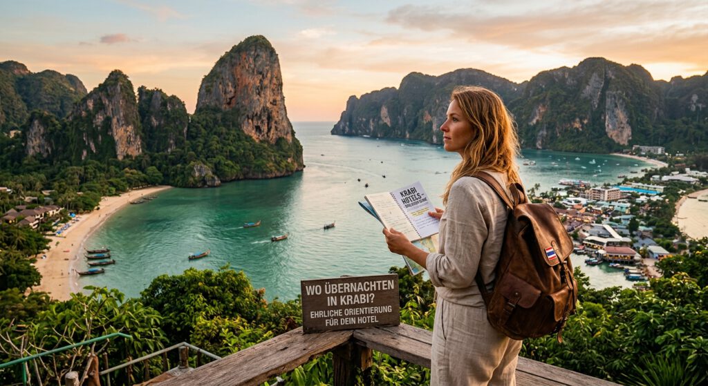 Hotels in Krabi im Vergleich: Reisende blickt von einem Aussichtspunkt auf spektakuläre Karstfelsen, Strand und das Meer.