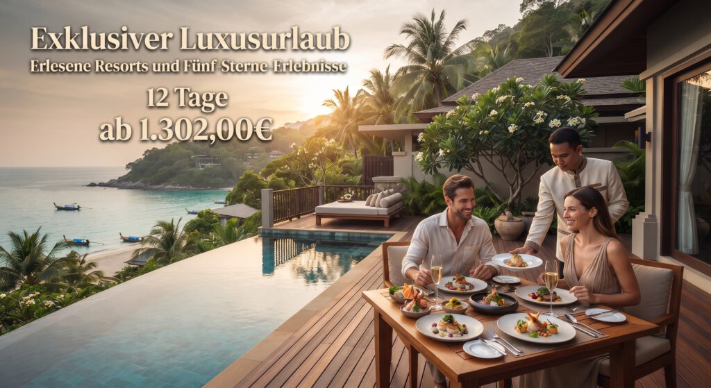 Ein exklusives Luxus-Resort auf Phuket: Ein glückliches Paar genießt auf einer hölzernen Terrasse einer privaten Pool-Villa ein Gourmet-Dinner mit Blick auf das türkisfarbene Meer und eine ruhige Bucht, während ein Butler die Speisen serviert. Im oberen linken Bereich befindet sich ein Text-Overlay mit der Aufschrift: „Exklusiver Luxusurlaub, Erlesene Resorts und Fünf-Sterne-Erlebnisse, 12 Tage ab 1.302,00€“.