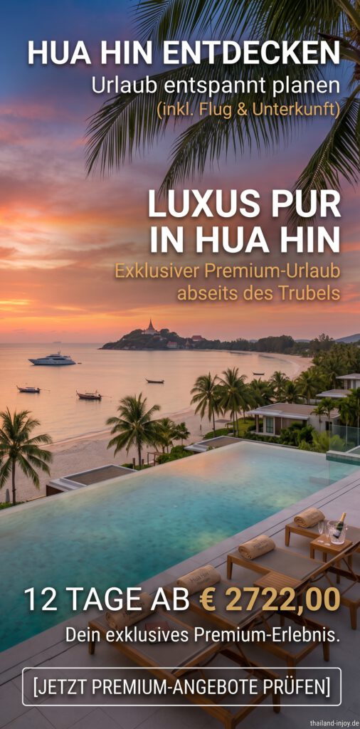 Ein vertikales Werbebild für einen exklusiven Luxus-Urlaub in Hua Hin, Thailand. Die Szenerie zeigt einen Infinity-Pool im Vordergrund mit Liegestühlen, Handtüchern, Champagner und einem Buch, der auf eine malerische tropische Bucht mit Palmen, Villen, Longtail-Booten und einer großen Jacht bei Sonnenuntergang blickt. Am Horizont ist ein Tempel auf einem Hügel sichtbar. Der Text im Bild lautet oben: 'HUA HIN ENTDECKEN' und 'Urlaub entspannt planen (inkl. Flug & Unterkunft)'. In der Mitte steht groß: 'LUXUS PUR IN HUA HIN' und 'Exklusiver Premium-Urlaub abseits des Trubels'. Am unteren Rand steht groß und in Gold der Preis: '12 TAGE AB € 2722,00'. Darunter steht 'Dein exklusives Premium-Erlebnis.' und ein Button '[JETZT PREMIUM-ANGEBOTE PRÜFEN]'. Klein unten rechts steht 'thailand-injoy.de'.
