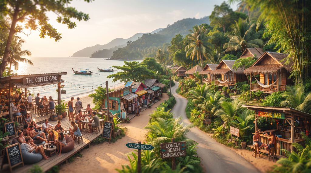 Foto-Collage von Koh Chang, Thailand, die den Übergang von Kai Bae Beach (belebtes Strand-Café, Meerblick) zu Lonely Beach (naturnahe Bungalows im Dschungel, alternatives Flair) zeigt. Ein ideales Motiv für Reisende, die das authentische Inselleben suchen.