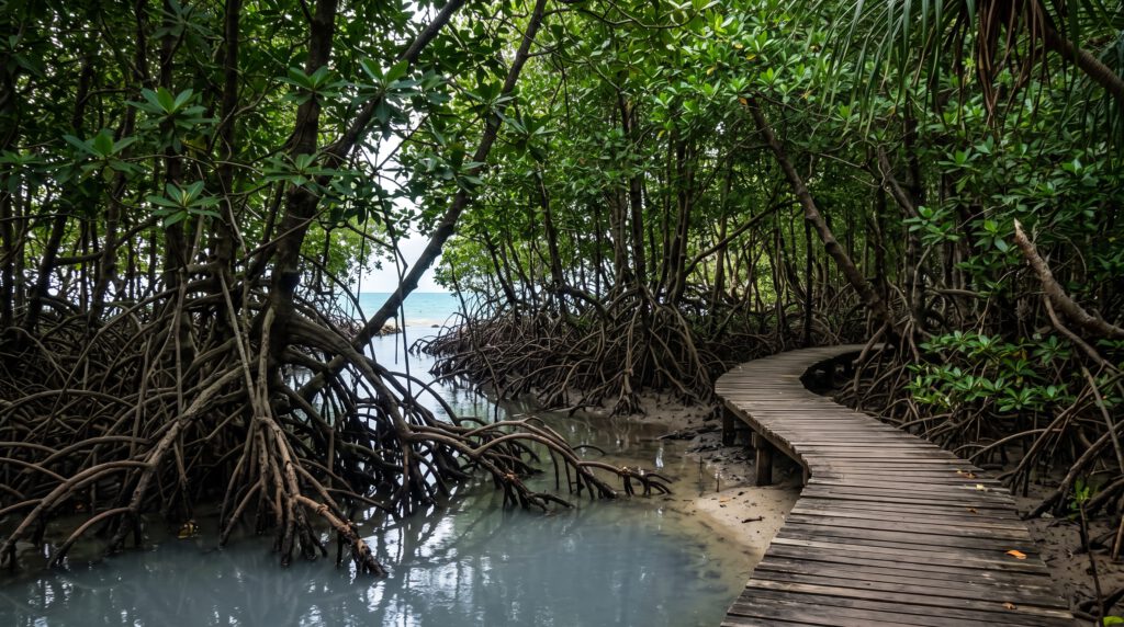 Ein hölzerner Plankenweg führt durch einen dichten Mangrovenwald. Die charakteristischen, ineinander verschlungenen Stelzwurzeln der Bäume ragen aus dem trüben, graublauen Sumpfwasser empor und säumen den Weg. Üppiges grünes Blätterdach bedeckt die Szene. Am fernen Ende des Waldes führt ein Durchgang zu einem hellen Sandstrand und dem blauen Meer.