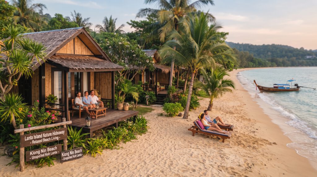 Blick auf die Anlage eines Boutique-Hideaways auf Koh Lanta, das verschiedene Übernachtungsmöglichkeiten bietet: Ein Paar sitzt gemütlich auf der Terrasse eines erhöhten Holzbungalows mit Meerblick. Auf dem Sand davor liegen weitere Gäste auf Holzliegen unter Palmen. Die Architektur ist erd-verbunden und fügt sich nahtlos in die natürliche Umgebung aus Palmen, Büschen und dem goldenen Strand ein. Das Meer ist ruhig, der Hintergrund zeigt die sanften Hügel der Insel.
