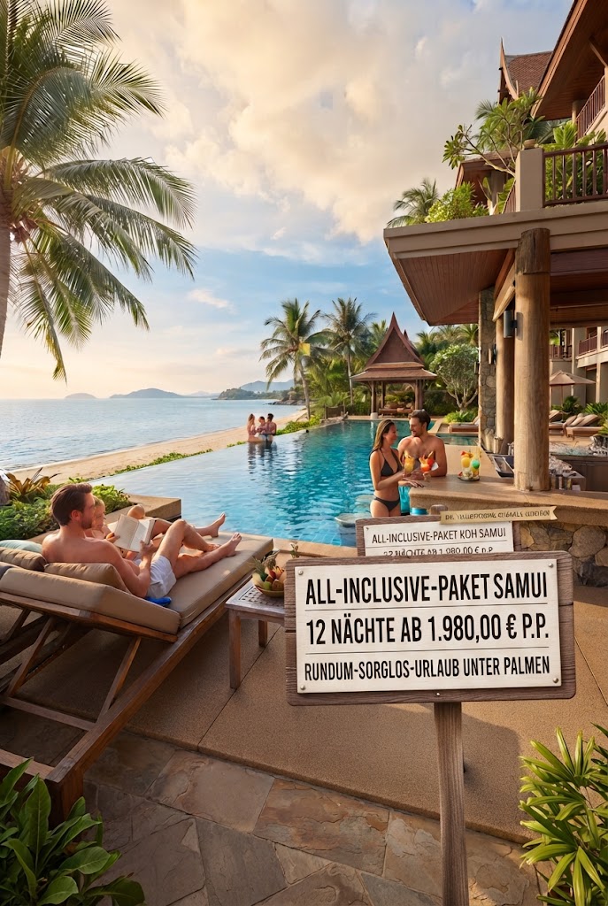 Paare entspannen an einem Infinity-Pool in einem luxuriösen Strandresort auf Koh Samui mit traditioneller thailändischer Architektur und Meerblick. Ein Holzschild im Vordergrund lädt zum Urlaub ein: Jetzt 12 Nächte All-Inclusive ab 1.980,00 € buchen.