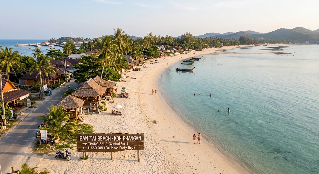 Luftaufnahme des Ban Tai Beach auf Koh Phangan. Ein großes Holzschild am Straßenrand weist auf „Thong Sala (Central Port)“ und „Haad Rin (Full Moon Party Bay)“ hin. Am palmengesäumten Sandstrand stehen traditionelle Holzbungalows, Longtail-Boote liegen im türkisfarbenen Wasser, und Menschen baden oder spazieren am Ufer. Ein Text-Overlay zeigt das Urlaubsangebot: 9 Tage ab 1.383,00 €.