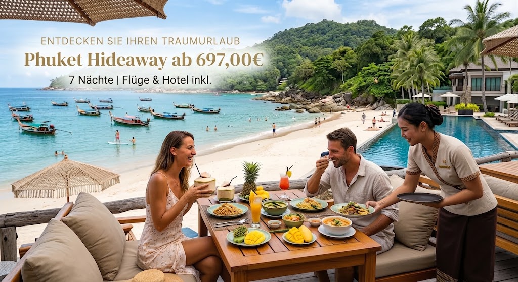 Ein luxuriöses Strandresort-Erlebnis auf Phuket: Ein lächelndes Paar genießt ein thailändisches Mittagessen mit Meerblick und Cocktails auf einer Holzterrasse, während eine Kellnerin ein Gericht serviert. Im Hintergrund sind der Infinity-Pool, der Sandstrand und das türkisfarbene Meer mit traditionellen Longtail-Booten zu sehen. Ein Text-Overlay im oberen Bereich wirbt mit dem Angebot „Entdecken Sie Ihren Traumurlaub – Phuket Hideaway ab 697,00€ für 7 Nächte inklusive Flüge & Hotel“
