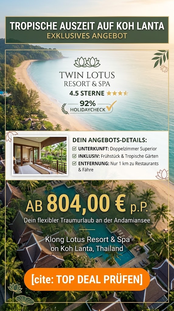 Vertikales Werbebanner für eine "Tropische Auszeit auf Koh Lanta" im 4,5-Sterne Twin Lotus Resort & Spa. Die Collage zeigt eine idyllische Strandansicht, einen Einblick in das Doppelzimmer Superior und eine Luftaufnahme der weitläufigen Poolanlage. Textliche Highlights umfassen eine 92% HolidayCheck-Bewertung, Inklusivleistungen wie Frühstück und die kurze Entfernung zu Restaurants. Unten wird der Preis "AB 804,00 € p.P." hervorgehoben, abgeschlossen mit einem Call-to-Action-Button "[TOP DEAL PRÜFEN]".
