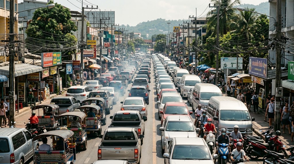 Viele bunte Tuk-Tuks und Autos stehen im dichten Stau auf Phuket, und unzählige Rollerfahrer zwängen sich durch die engen Lücken. Die Sonne brennt auf die verstopfte Straße, während die Infrastruktur spürbar an ihre Grenzen stößt.