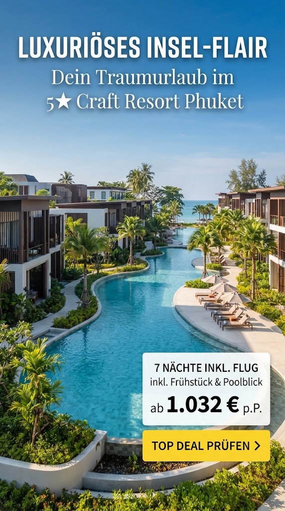 Werbegrafik im Hochformat für das 5-Sterne Craft Resort in Ratsada, Phuket, Thailand. Das Foto zeigt die luxuriöse Hotelanlage mit modernem Design, eleganten Gebäuden und einem einladenden Poolbereich im Sonnenschein. Im oberen Bereich steht der Text: "LUXURIÖSES INSEL-FLAIR – Dein Traumurlaub im 5-Sterne Craft Resort Phuket". Unten rechts befindet sich ein heller Kasten mit den Details: "7 NÄCHTE INKL. FLUG, inkl. Frühstück & Poolblick, ab 1.032 € p.P." sowie ein gelber Call-to-Action-Button mit "TOP DEAL PRÜFEN >".