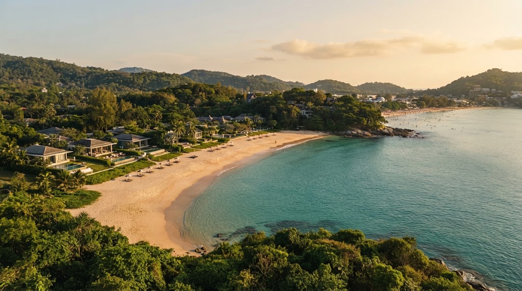 Weites horizontales Luftbild des Kata Noi Beach in Phuket, Thailand, aufgenommen bei warmem, goldenem Nachmittagslicht von einer erhöhten Aussichtsplattform. Der makellose goldene Sandstrand ist links von exklusiven, niedrig gebauten Luxusvillen und üppigem Dschungel gesäumt. Das kristallklare türkisfarbene Wasser der Andamanensee füllt die Bucht. Rechts, hinter einer Landzunge, ist der breitere Kata Yai Beach sichtbar. Die bewaldeten Hügel Phukets bilden den Hintergrund. Der Text "Kata Noi Beach: Der edle kleine Bruder" ist elegant oben im Bild platziert.