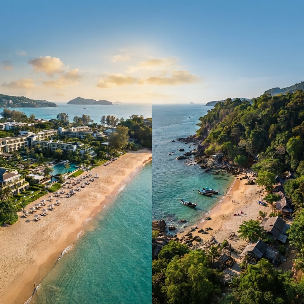 Ein geteiltes Luftbild, das den starken visuellen Kontrast zwischen Karon Noi Beach und Nui Beach in Phuket, Thailand, einfängt. Die linke Bucht zeigt den ausgedehnten, goldenen Sand von Karon Noi, vollständig dominiert von den eleganten, weitläufigen Anlagen und Swimmingpools des Le Meridien Phuket Beach Resort, gesäumt von zahlreichen Liegestühlen und Sonnenschirmen. Die rechte Bucht, Nui Beach, ist eine kleine, abgelegene, ursprüngliche Bucht, eingebettet zwischen steilen, dicht bewaldeten Klippen, mit rustikalen Holzstrukturen, Longtail-Booten im türkisfarbenen Wasser und natürlichem Felsbewuchs. Beide Seiten blicken auf die Andamanensee mit fernen Inseln unter einem klaren blauen Himmel mit weichen, goldenen Wolken bei warmem, natürlichem Licht. Oben befindet sich der gut lesbare Text: 'KARON NOI BEACH & NUI BEACH: Die exklusiven Gegensätze'.