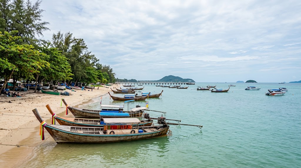 Bunte Longtail-Boote schaukeln im flachen Wasser am Rawai Beach auf Phuket. Dichte Bäume säumen den schmalen Sandstrand und spenden kühlen Schatten. Der lange Pier ragt im Hintergrund ins Meer, während vorgelagerte Inseln den ruhigen Horizont prägen.