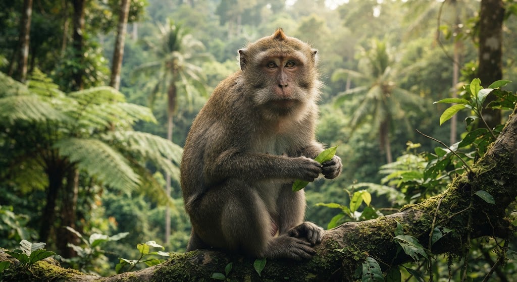 Eine detailreiche Aufnahme eines wilden Makaken (Affen), der auf einem bemoosten, dicken Ast im thailändischen Dschungel sitzt. Der Affe hält ein kleines grünes Blatt in seinen Händen und blickt aufmerksam und direkt in die Kamera. Im weich gezeichneten Hintergrund sind eine dichte tropische Vegetation, Farnwedel und hohe Palmen im warmen, gefilterten Sonnenlicht zu erkennen.