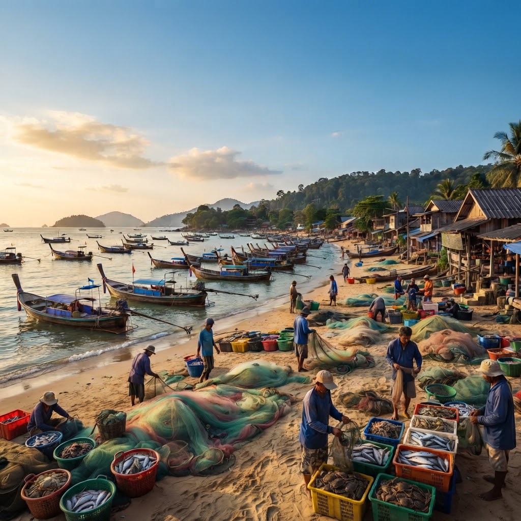 Ein weites, kinoreifes horizontales Landschaftspanorama des Rawai Beach in Phuket, Thailand, aufgenommen bei warmem, goldenem Nachmittagslicht. Das Bild zeigt die geschäftige Aktivität eines authentischen Fischerdorfes, komplett anders als klassische Badeorte. Der Strand ist übersät mit Dutzenden von traditionellen thailändischen Longtail-Booten, die auf der sandigen Küstenlinie und im flachen, funktionellen Wasser verankert sind. Lokale Fischer in Arbeitskleidung sind aktiv: Sie sind dabei, große, farbenfrohe Fischernetze, die sich über den Sand erstrecken, zu menden und zu sortieren. Frischer Fang, darunter Fische, Krabben und Schalentiere, wird in Körben und Kisten für den Verkauf bereitgehalten. Die Küste ist gesäumt von einfachen, rustikalen Holzhütten, lokalen Seafood-Restaurants und kleinen Geschäften, die sich in die natürliche Umgebung einfügen. Im Hintergrund sind die bewaldeten Hügel von Koh Lon und anderen fernen Inseln unter einem klaren blauen Himmel mit sanften, goldenen Wolken zu sehen. Am oberen Rand des Bildes ist der Text 'Rawai Beach: Das authentische Fischerdorf' in einer eleganten, weißen Serifenschrift platziert. Die Beleuchtung ist warm und natürlich, was die Texturen des Holzes, der Netze und des Wassers hervorhebt und die geschäftige, lokale Atmosphäre unterstreicht.