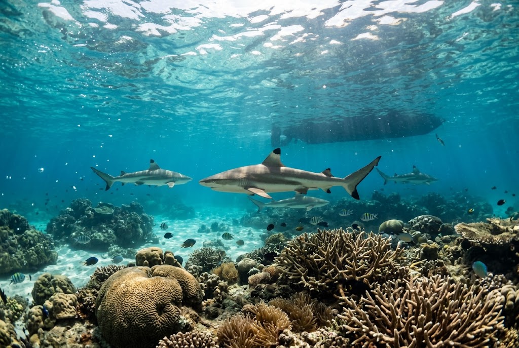 Schwarzspitzen-Riffhaie schwimmen durch die klare Andamanensee, während die Sonnenstrahlen den belebten Meeresgrund erleuchten. Ein facettenreiches Riff mit bunten Fischen bildet einen natürlichen Phuket-Hintergrund für die majestätischen Jäger. Sie ziehen gelassen über die vielfältigen Korallen und die weiten Sandflächen hinweg. Im oberen Bereich des Bildes bricht sich das Sonnenlicht an der Wasseroberfläche, und zudem zeichnet sich die dunkle Silhouette eines fernen Bootes ab. Ein gesundes Ökosystem zeigt sich hier in seiner vollen Pracht, weil sich die Natur völlig ungestört entfaltet.