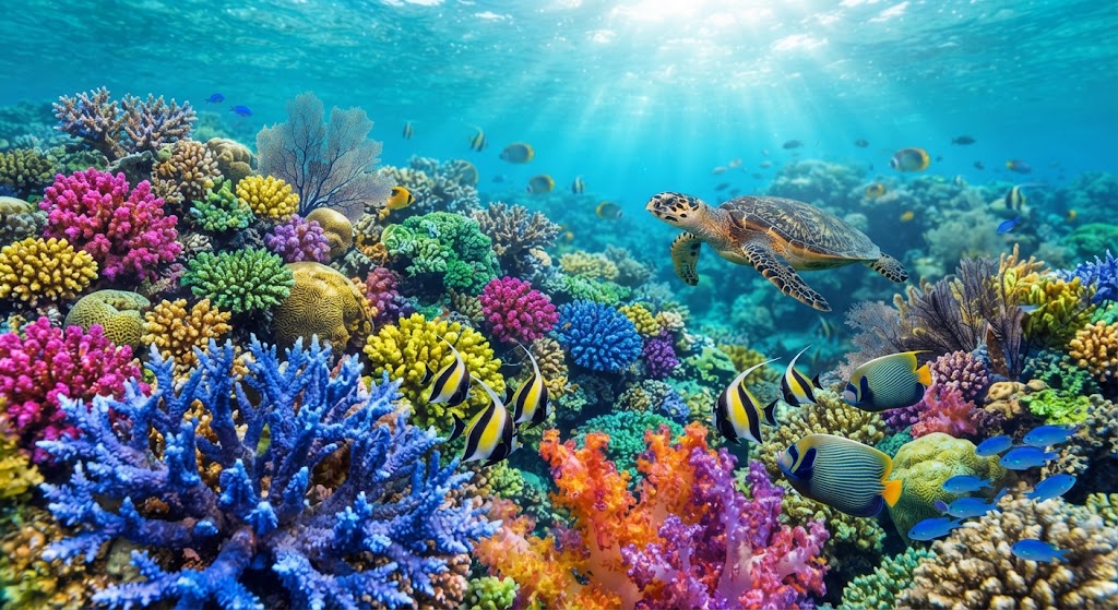 Eine farbenprächtige Unterwasseraufnahme eines lebendigen Korallenriffs in Thailand. Im kristallklaren, von Sonnenlicht durchfluteten Wasser schwimmen eine Karettschildkröte und verschiedene tropische Fische (wie Kaiserfische und Wimpelfische) an einem dichten Garten aus blauen, gelben, pinken und orangen Hart- und Weichkorallen vorbei. Die Szene veranschaulicht ein intaktes marines Ökosystem, das beim Schnorcheln oder Tauchen unbedingt geschützt werden muss, da Korallen extrem empfindlich auf Berührungen reagieren.