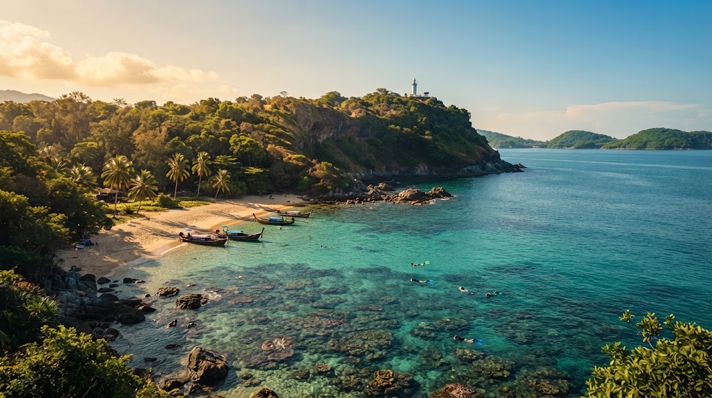 Ein weites, kinoreifes horizontales Landschaftspanorama des Ya Nui Beach in Phuket, Thailand, aufgenommen bei warmem, goldenem Nachmittagslicht von einer erhöhten Aussichtsposition. Der Blick fällt auf eine kleine, geschützte Bucht mit kristallklarem, türkisfarbenem Wasser, das reich an sichtbaren Korallenriffen und Felsformationen im flachen Bereich ist. Mehrere Schnorchler mit Masken und Flossen sind im Wasser zu sehen. Der Strand selbst ist ein winziger, feiner goldener Sandstreifen, gesäumt von wenigen tropischen Palmen und einigen traditionellen thailändischen Longtail-Booten, die sanft auf dem Wasser schaukeln. Die dramatischen, bewaldeten Klippen von Promthep Cape erheben sich majestätisch im Hintergrund und rahmen die Bucht ein, mit dem berühmten Leuchtturm und Aussichtspunkt, die oben auf dem Kap sichtbar sind. Die Andamanensee erstreckt sich bis zum Horizont mit einigen fernen, grünen Inseln unter einem klaren, sonnigen blauen Himmel mit weichen, goldenen Wolken. Am oberen Rand des Bildes ist der Text 'Ya Nui Beach: Das Schnorchel-Paradies' in einer eleganten, weißen Serifenschrift dezent platziert. Die Beleuchtung ist weich, warm und einladend, wodurch die Farben gesättigt und die Szene friedlich und abenteuerlich wirkt. Die Texturen des Sandes, des Wassers, der Korallen und der Vegetation sind scharf und detailliert.