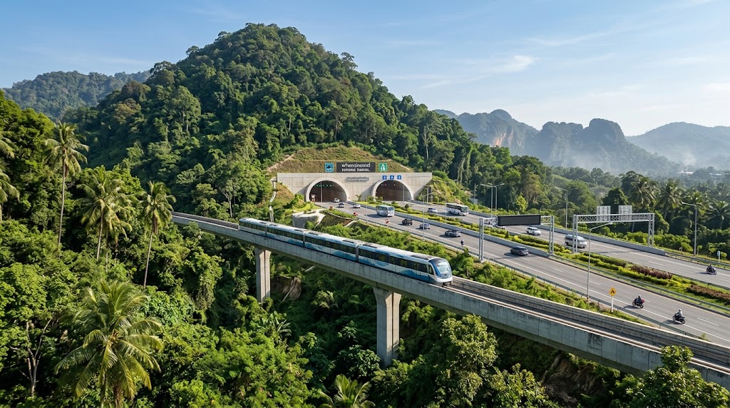 Ein moderner Schnellzug fährt über eine neue Brücke auf Phuket, und ein breiter Tunnel führt direkt durch den tropischen Berg. Dichte Palmen umgeben die gigantische Baustelle, weil die Regierung das massive Verkehrschaos auf Phuket endlich löst.