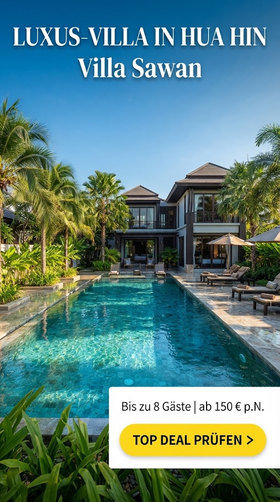 Vertikale Werbegrafik für die "Villa Sawan" in Hua Hin, Thailand. Das Foto zeigt eine luxuriöse Ferienvilla mit einem großen, einladenden privaten Pool, umgeben von einer Sonnenterrasse mit Liegen, Palmen und tropischer Vegetation unter strahlend blauem Himmel. Im oberen Teil steht der Text: "LUXUS-VILLA IN HUA HIN, Villa Sawan". Unten rechts befindet sich ein gelber Call-to-Action-Button mit dem Text "TOP DEAL PRÜFEN >".