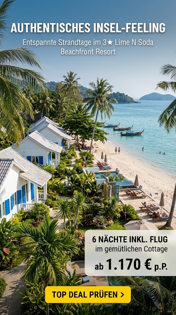 Werbegrafik im Hochformat für das 3-Sterne Lime N Soda Beachfront Resort auf Koh Phangan. Das Bild zeigt das Resort mit weißen Cottages und blauen Fensterläden, eingebettet in eine gepflegte grüne Gartenanlage mit Palmen direkt am Meer. Im oberen Bereich steht der Text: "AUTHENTISCHES INSEL-FEELING – Entspannte Strandtage im 3-Sterne Lime N Soda Beachfront Resort". Unten rechts befindet sich ein heller Kasten mit der Aufschrift: "6 NÄCHTE INKL. FLUG im gemütlichen Cottage ab 1.170 € p.P." sowie ein auffälliger gelber Call-to-Action-Button mit "TOP DEAL PRÜFEN >".
